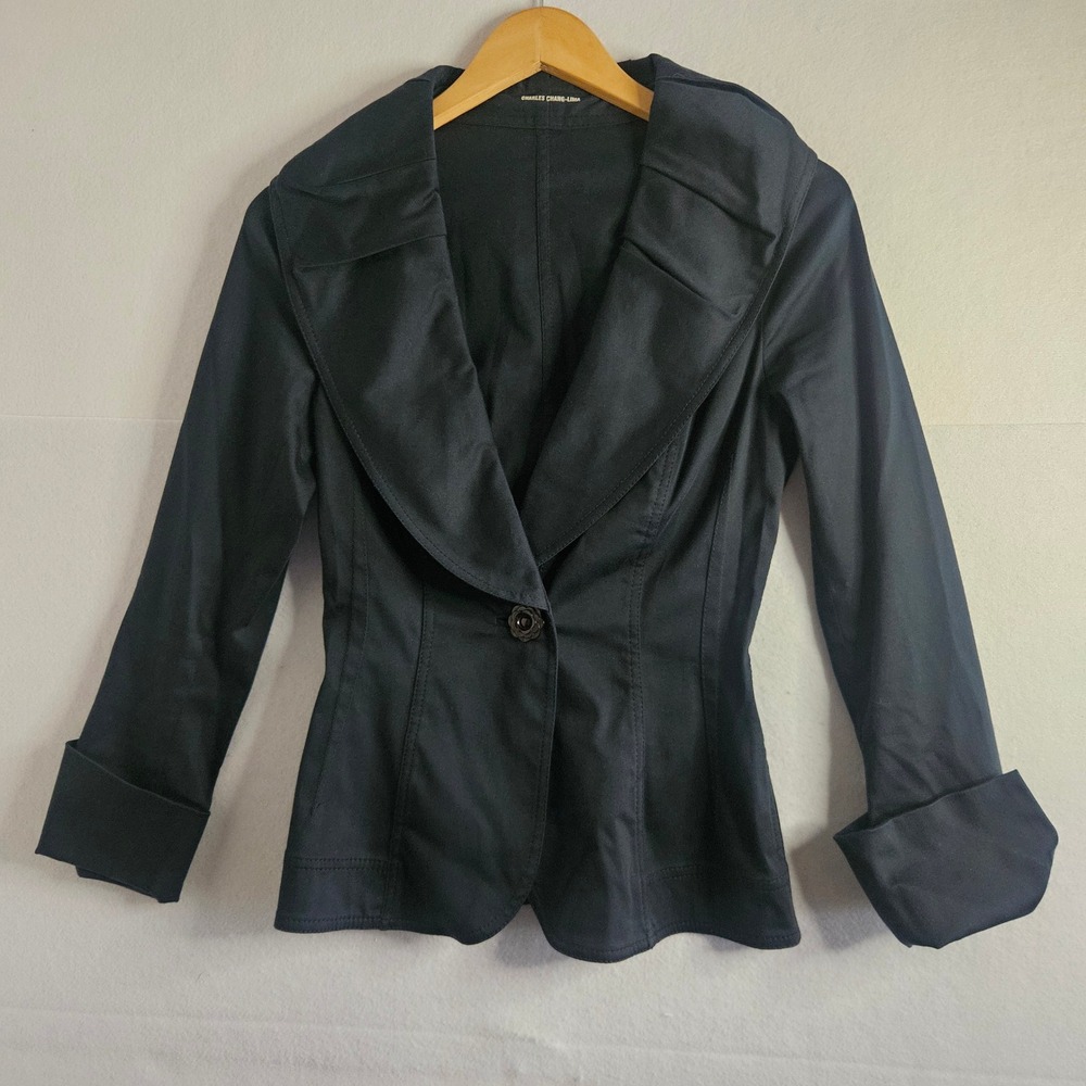 Charles Chang-Lima Black Tailored Blazer Oversized Collar Floral Button Size 4